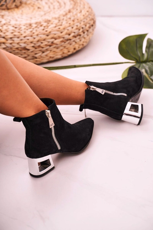 Damskie Botki Na Srebrnym Obcasie Zamszowe Czarne Norah