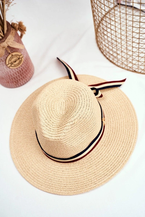 Damski Kapelusz Panama 100% Papier Beżowy Wstążka Złota Mucha