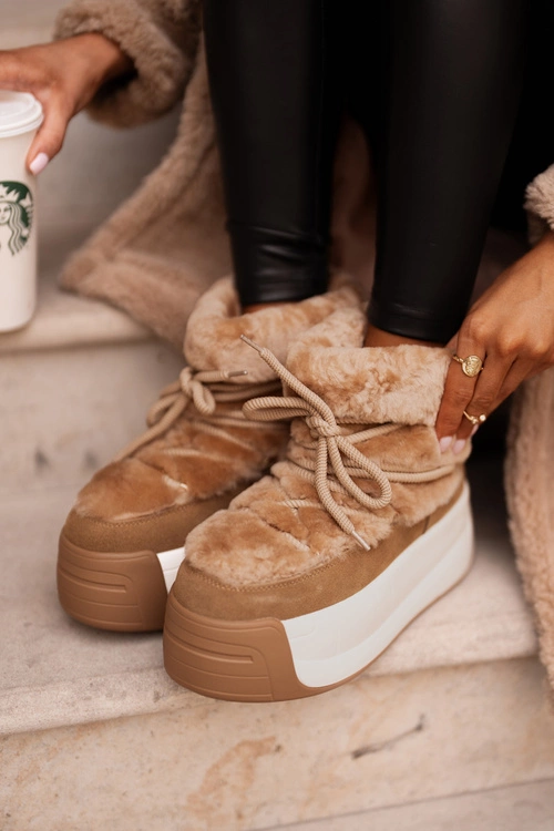 Skórzane Śniegowce Damskie Na Grubej Podeszwie Z Futerkiem Big Star OO274A207 Brązowe