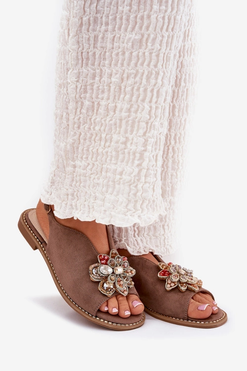 Sandały Damskie Na Płaskim Obcasie Z Ozdobą S.Barski KV27-001 Ciemnobeżowe