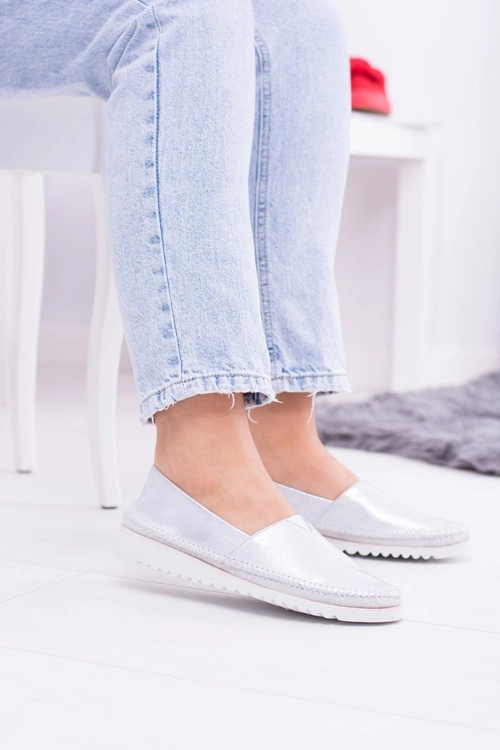 Damskie Srebrne Skórzane Slip On Frela