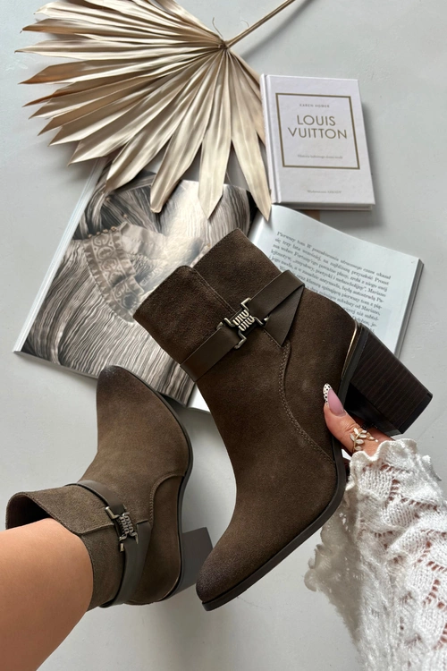 Botki Damskie Z Naturalnego Zamszu Na Słupku Ocieplane Sergio Leone BT25384-S Khaki