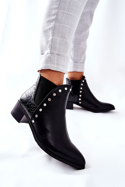 Damskie Botki Sztyblety Na Obcasie Czarne Barretos