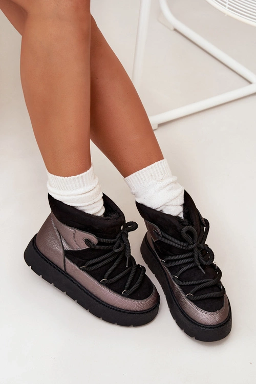 Niskie Śniegowce Damskie Ocieplane Futerkiem Z Grubym Wiązaniem Czarne Xarina