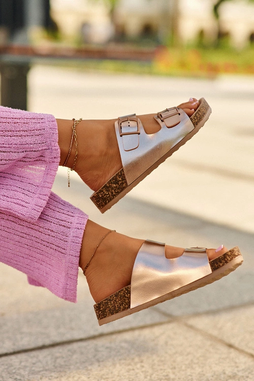 Damskie Klapki Na Korkowej Platformie Z Klamrami Różowe Złoto Klinesta