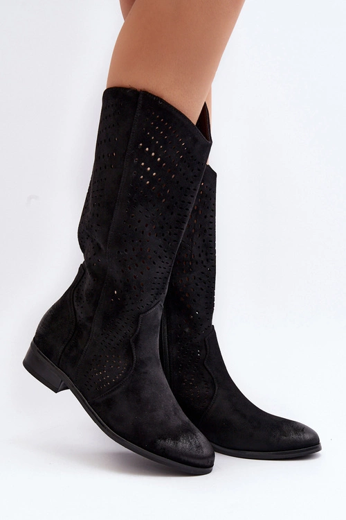 Ażurowe Kozaki Do Połowy Łydki Czarne Kleorelia