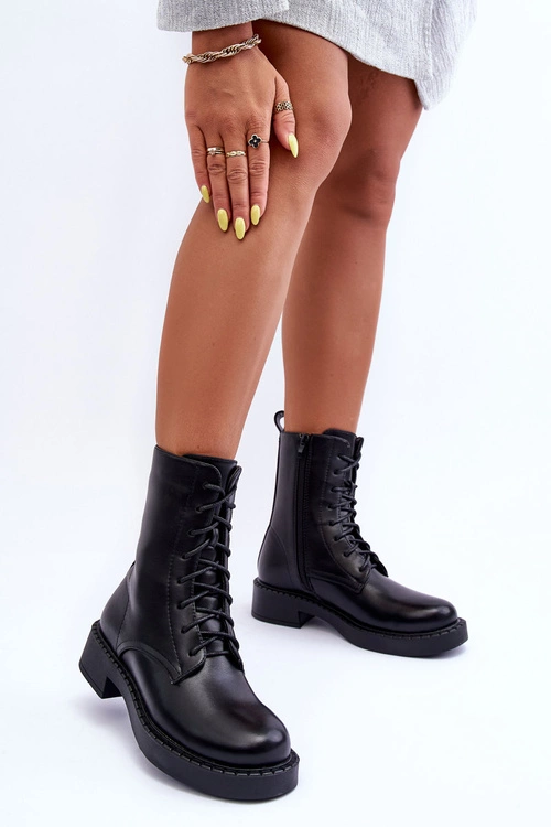 Skórzane Botki Workery Na Płaskim Obcasie Czarne Aganne