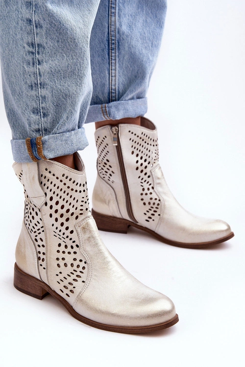 Zazoo 3305/2 Damskie Skórzane Ażurowe Botki Kowbojki Złote