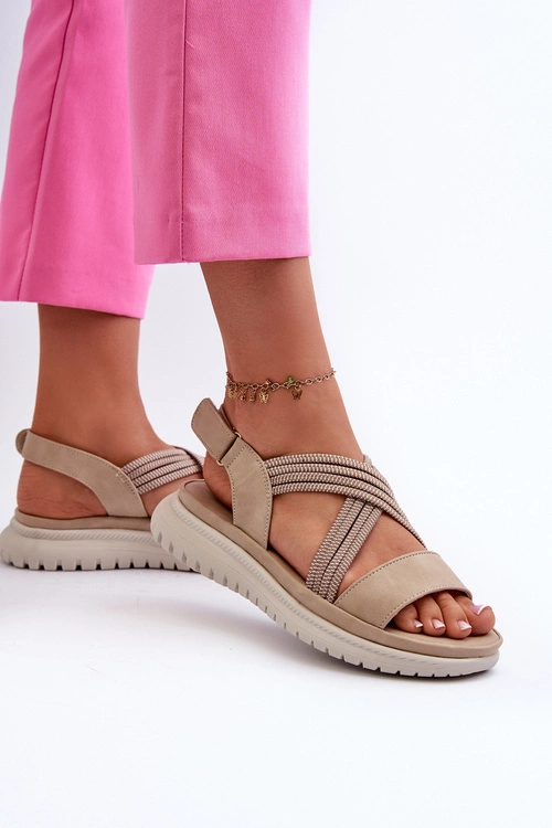 Lekkie Damskie Wygodne Sandały Na Rzep Beżowe Ceclea