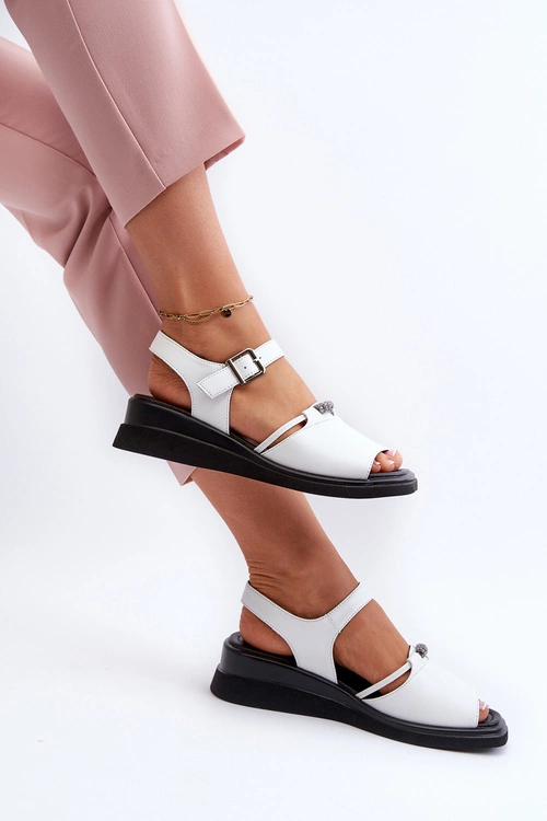 Skórzane Sandały Damskie Na Koturnie Vinceza 66624 Białe