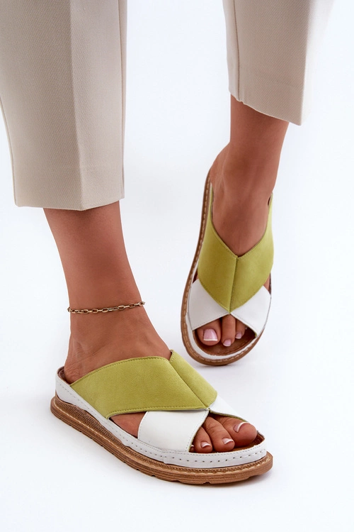 Skórzane Profilowane Klapki Maciejka 04986-11 Limonkowe