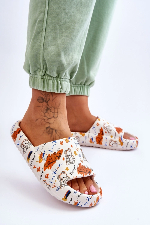 Damskie Piankowe Klapki W Misie I Napisy Beżowo-Pomarańczowe Zoey