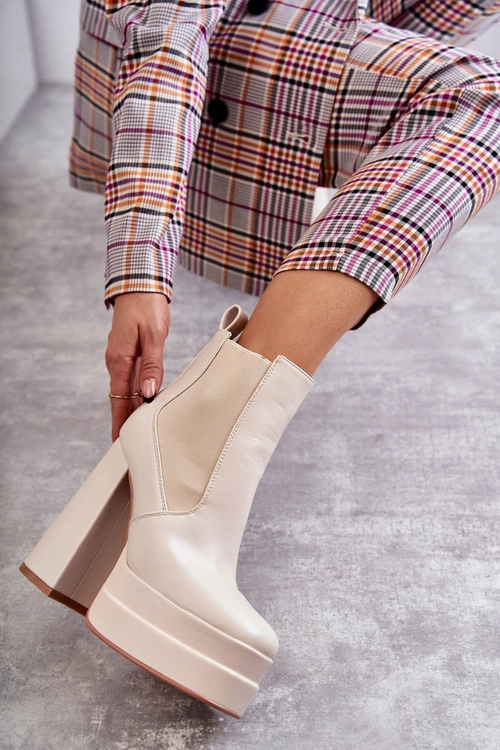 Damskie Skórzane Botki Na Masywnym Obcasie Beżowe Jones