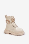 Botki Dziewczęce Lakierowane Ocieplane Z Ozdobnym Paskiem Beżowe Gilian
