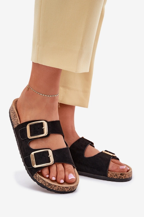 Klapki Damskie Z Eko Zamszu Złote Klamry Czarne Vorella