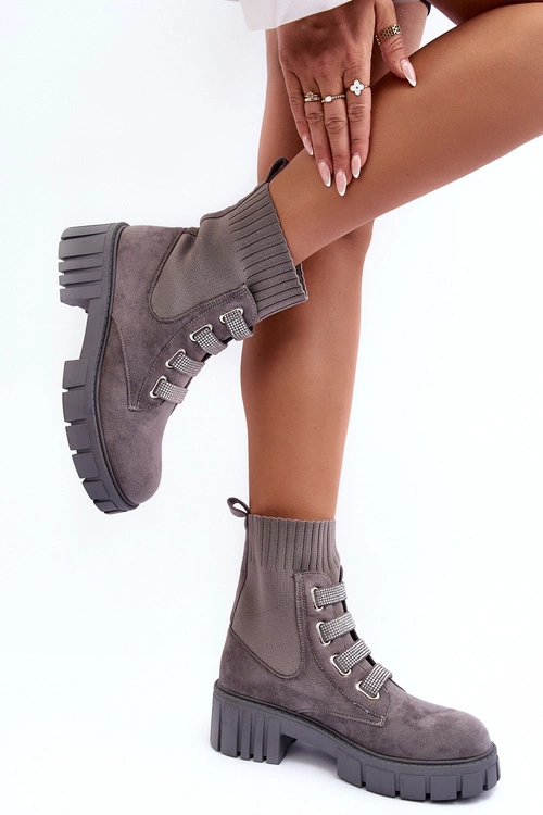 Zamszowe Wsuwane Botki Skarpetkowe Szare Hope