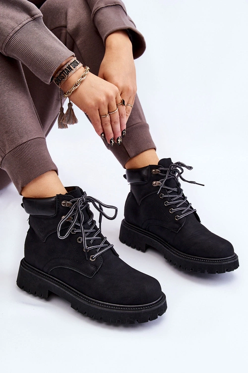 Damskie Ocieplane Botki Trapery Sznurowane Czarne Halfway