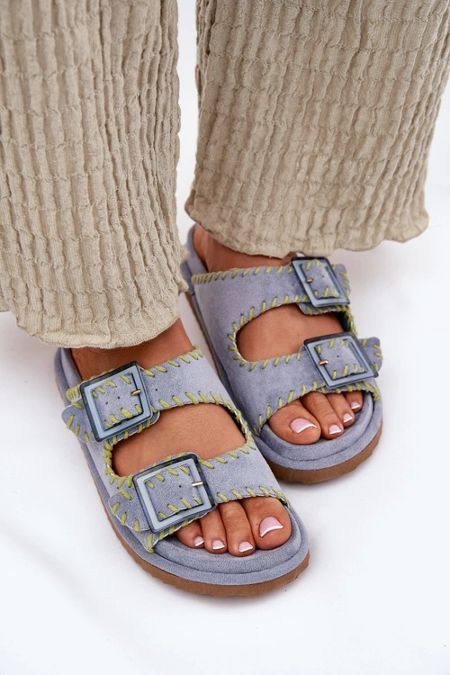 Klapki Damskie Z Klamrami I Ozdobnym Obszyciem Niebieskie Visley