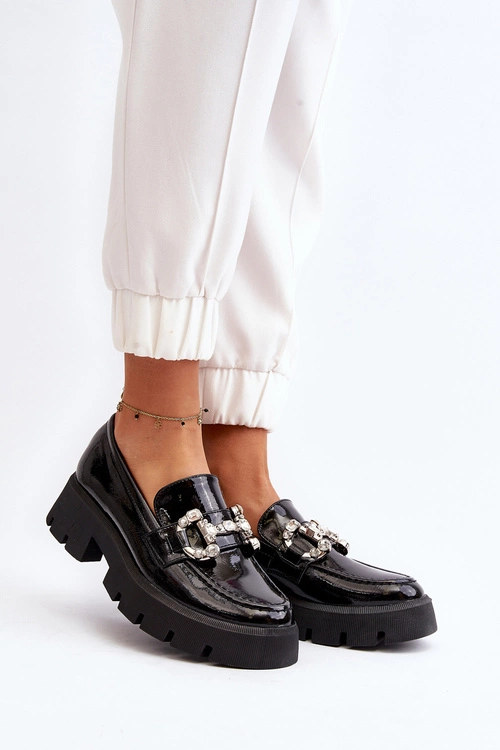 Damskie Lakierowane Mokasyny Z Ozdobą Czarne Arsaba