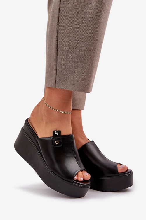 Klapki Na Platformie I Koturnie Eko Skórzane Czarne Eridoria