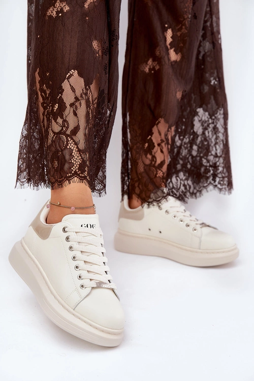 Skórzane Sneakersy Damskie Na Platformie GOE RR2N4004 Beżowe