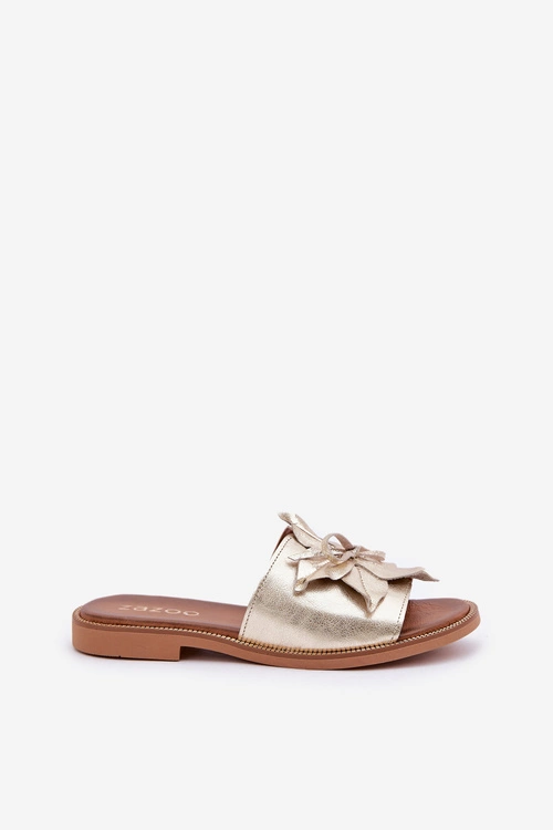 Klapki Z Ozdobą Skóra Naturalna Zazoo 3667 Złote