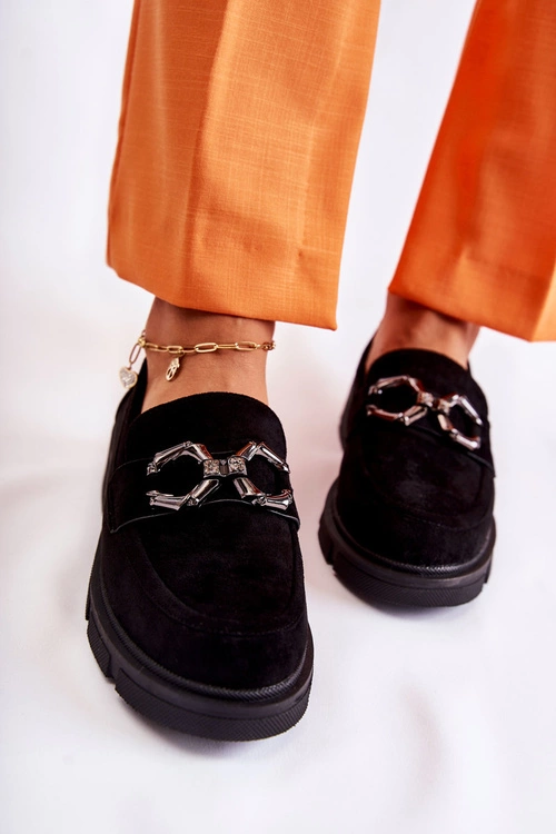 Zamszowe Półbuty Loafery Z Ozdobą Czarne Janissa