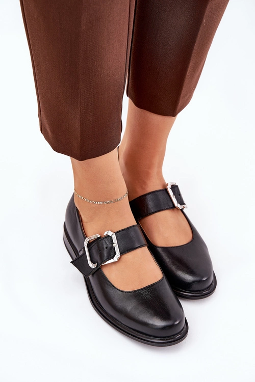 Skórzane Półbuty Damskie Z Klamrą Laura Messi 2980 Czarne