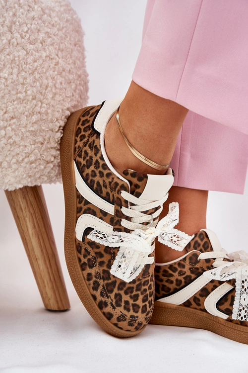 Niskie Sneakersy Damskie Z Koronką Panterka Brązowe Zielle
