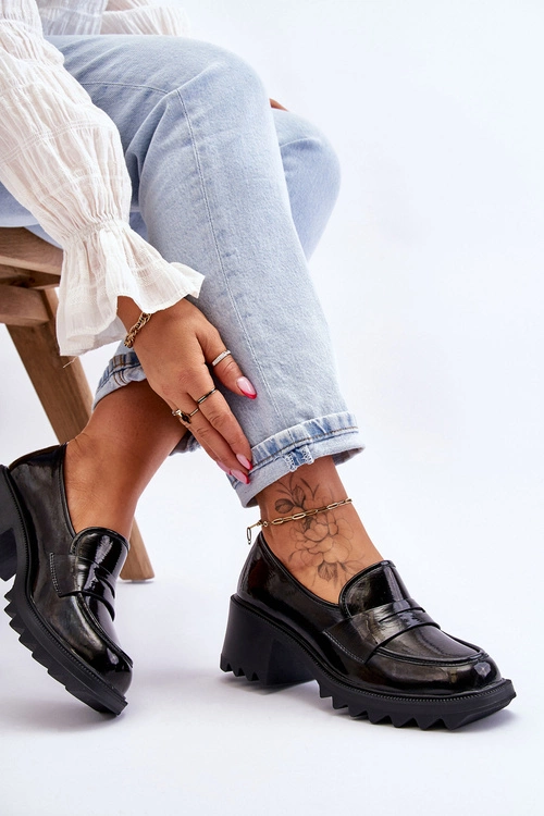 Lakierowane Czółenka Mokasyny Na Obcasie Czarne Jay