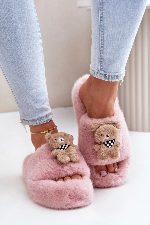 Futrzane Kapcie Damskie Z Misiem Różowe Romania