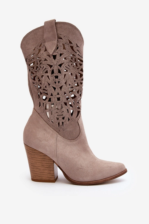 Zazoo 3414 Damskie Ażurowe Botki Na Słupku Zamszowe Cappucino