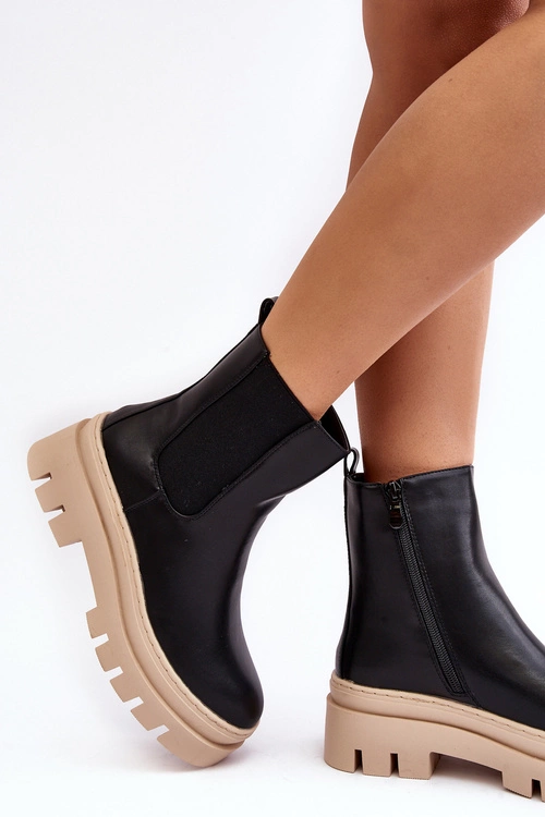 Skórzane Botki Workery Czarno-Beżowe Loretta