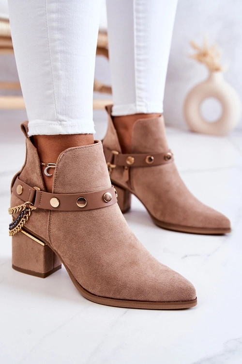 Zamszowe Damskie Botki Z Łańcuszkami Ciemnobeżowe Tracy