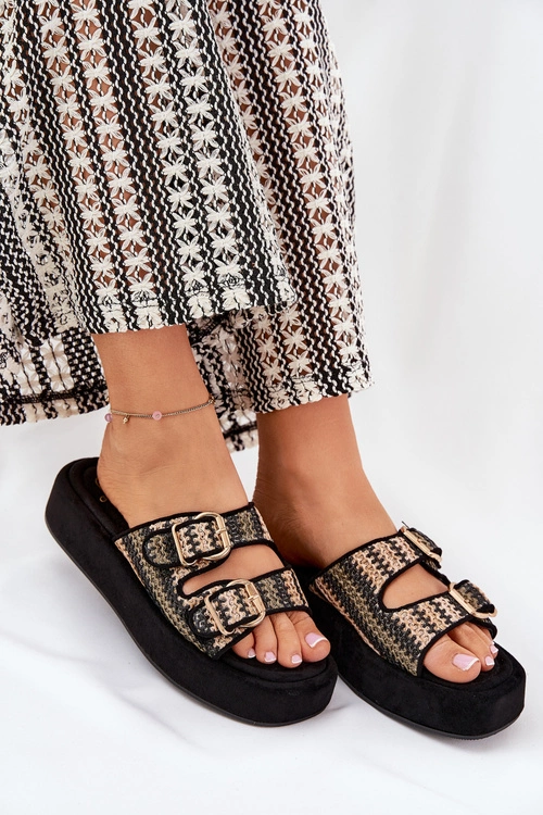 Klapki Damskie Na Platformie Z Klamrami I Plecionką Czarne Limme