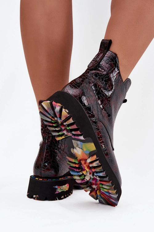 Lakierowane Botki Damskie Z Naturalnej Skóry Ocieplane Artiker 57C0165 Bordowe