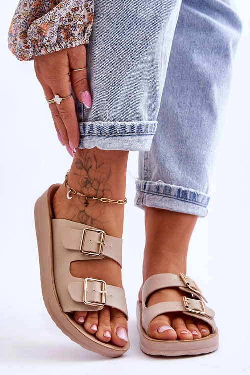 Damskie Klapki Na Platformie Z Paskami Beżowe Clever