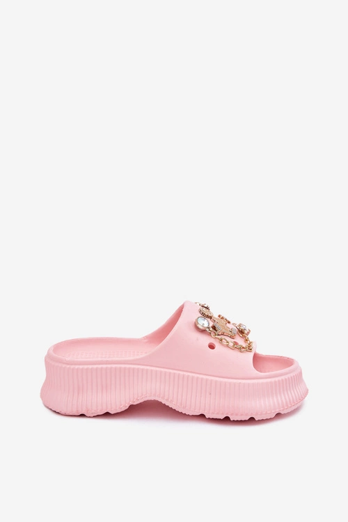 Piankowe Klapki Damskie Ze Złotymi Przypinkami Różowe Hortiana