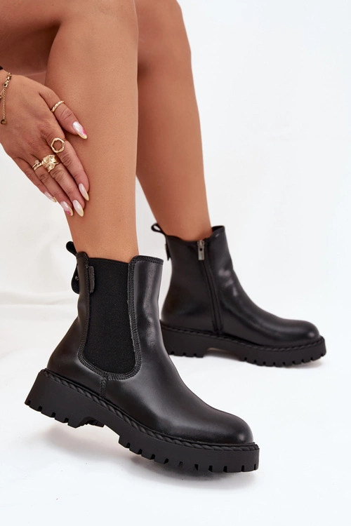 Skórzane Botki Sztyblety Damskie Ocieplane Na Zamek Big Star OO274109 Czarne