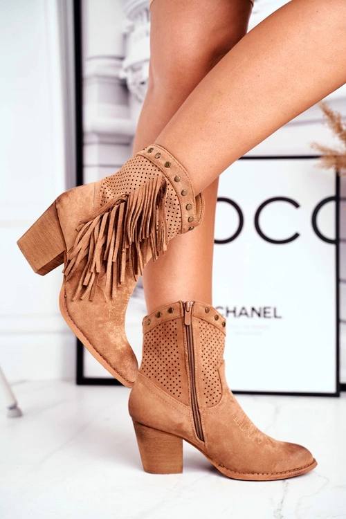 Botki Damskie Na Słupku Z Frędzlami Kowbojki Khaki Michelle