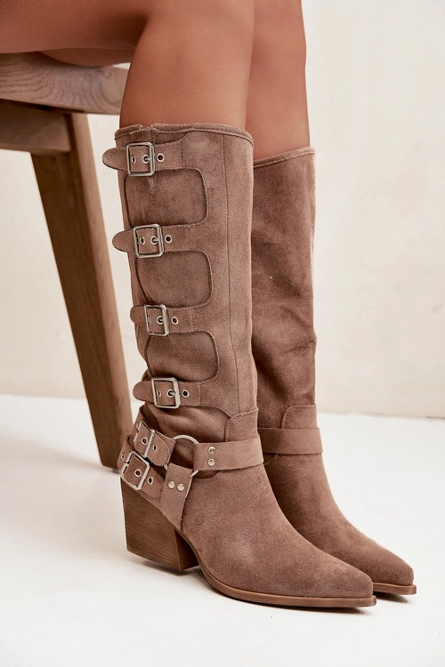 Kozaki Kowbojki Na Słupku Z Klamrami Ciemnobeżowe Fivelle