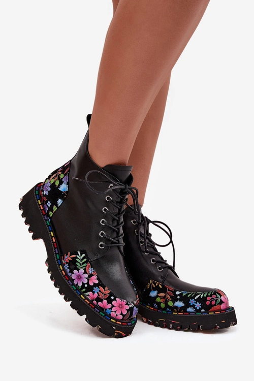Skórzane Botki Damskie Z Kwiatkami Ocieplane Artiker 57C0180 Czarne