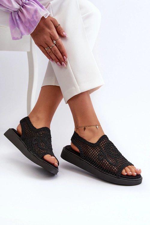 Ażurowe Sandały Damskie Na Platformie Czarne Mennita