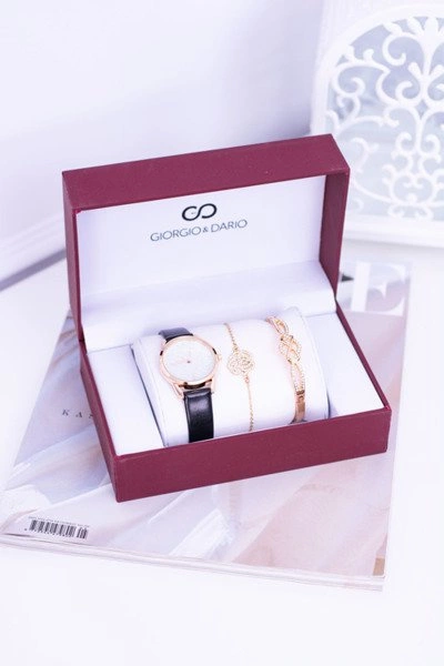 Giorgio Dario Zestaw Damski Czarny Zegarek Z Brokatem Dwie Złote Bransolety