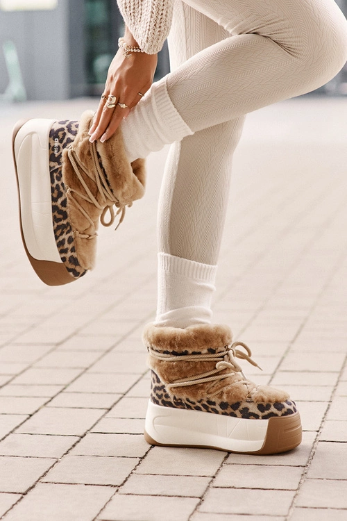 Skórzane Śniegowce Damskie Na Grubej Podeszwie Z Futerkiem Panterka Big Star OO274A208 Brązowe