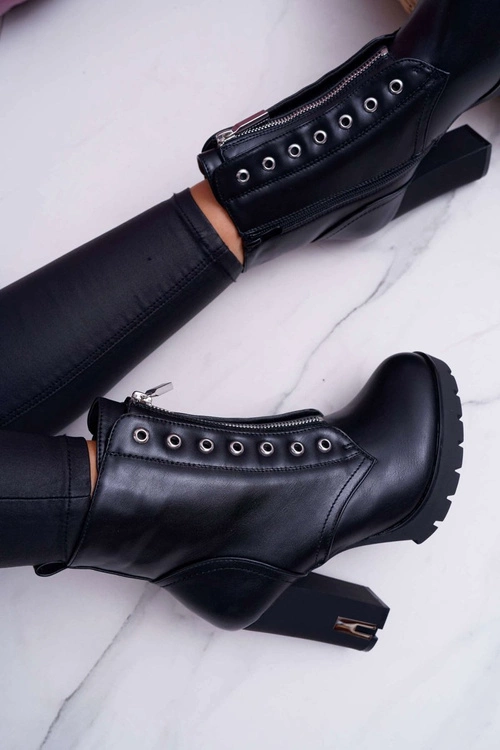 Botki Damskie Na Słupku Ozdobny Suwak Czarne Imagine