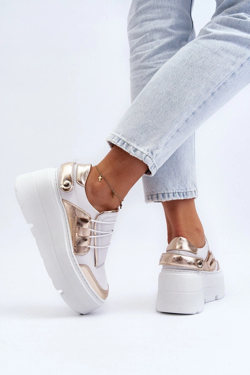 Zazoo 1833 Sneakersy Damskie Skórzane Na Masywnej Podeszwie Biało-Złote