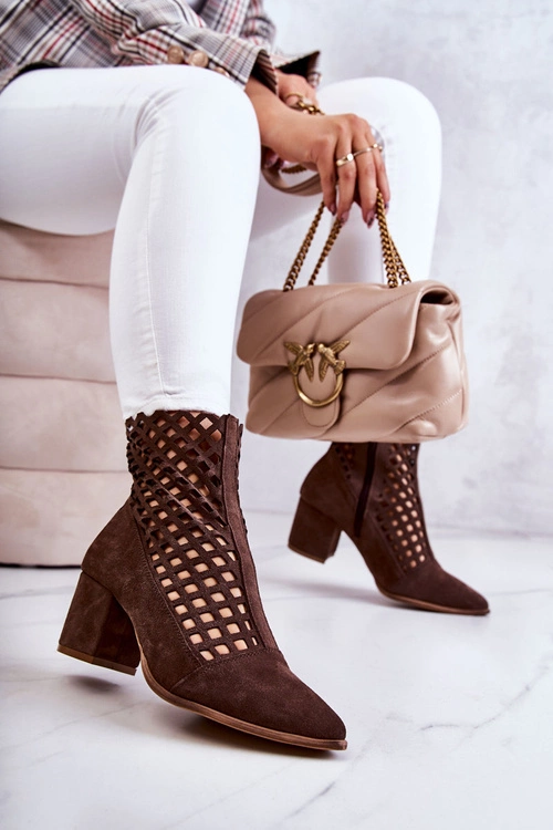 Zamszowe Ażurowe Botki Na Obcasie Nicole 2638 Ciemnobrązowe