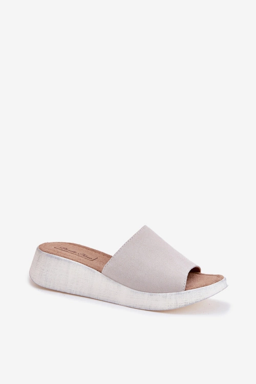 Zamszowe Klapki Damskie Na Koturnie Panto Fino RR267044 Szare