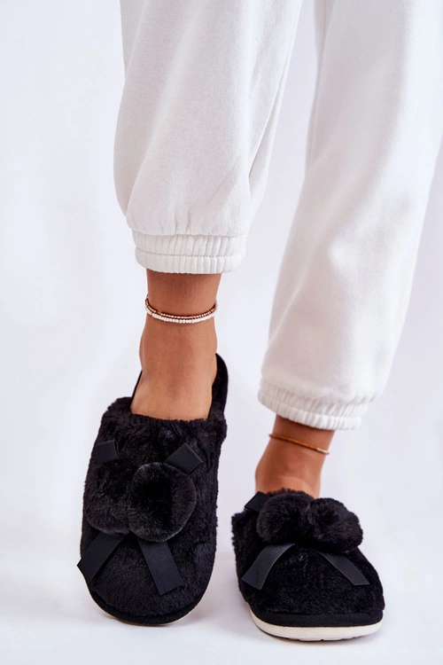 Damskie Futrzane Papcie Z Pomponami Czarne Castello